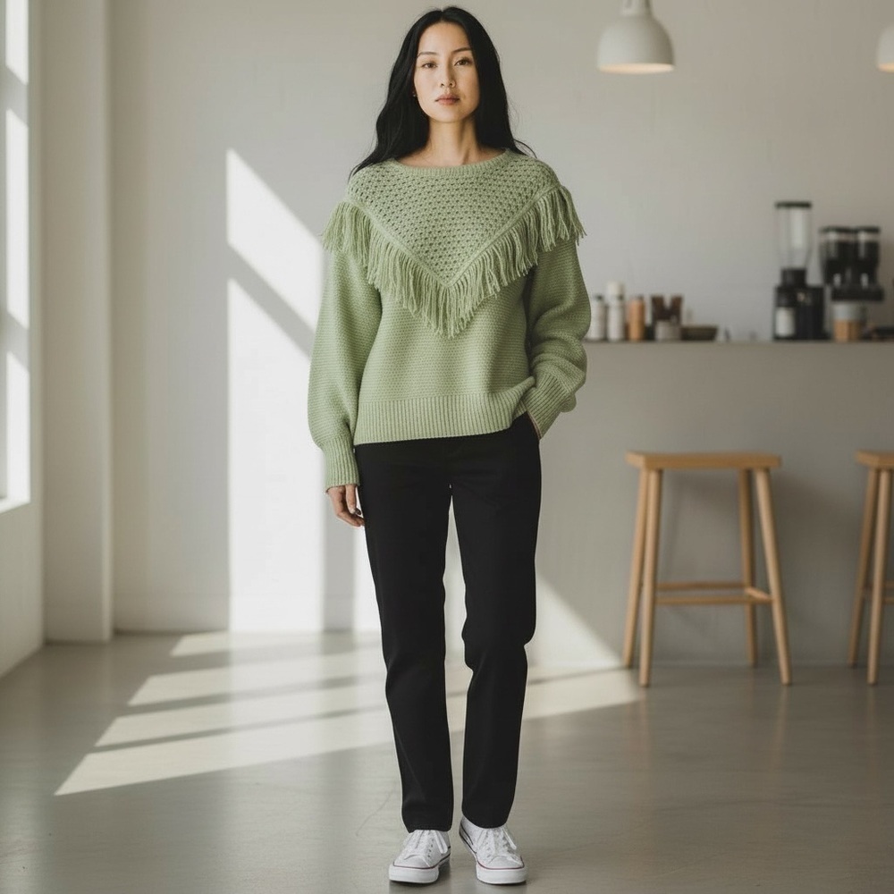 SCOOP Women’sl Crochet Fringe Sweater Sage Green